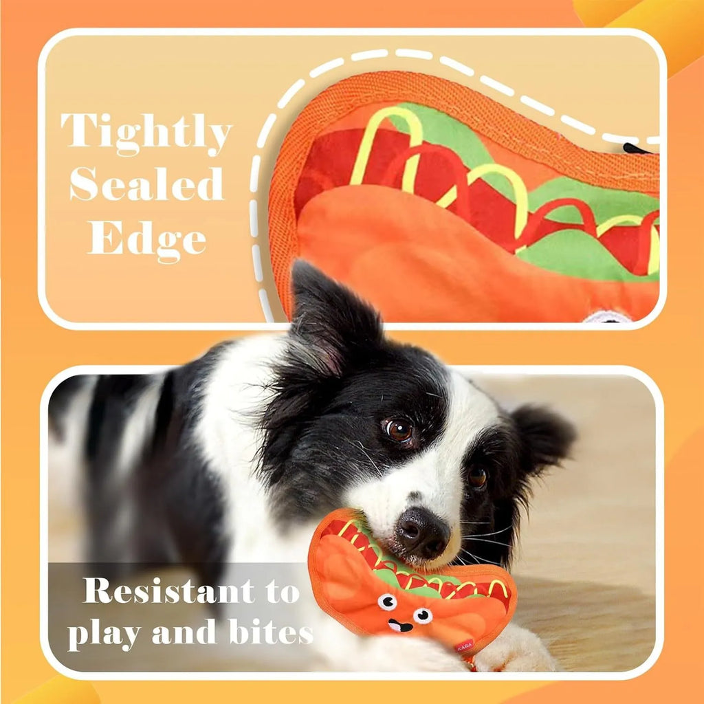 Food-shaped crinkle and squeaky dog toy in hamburger, fries, hot dog, or pizza design for interactive play.