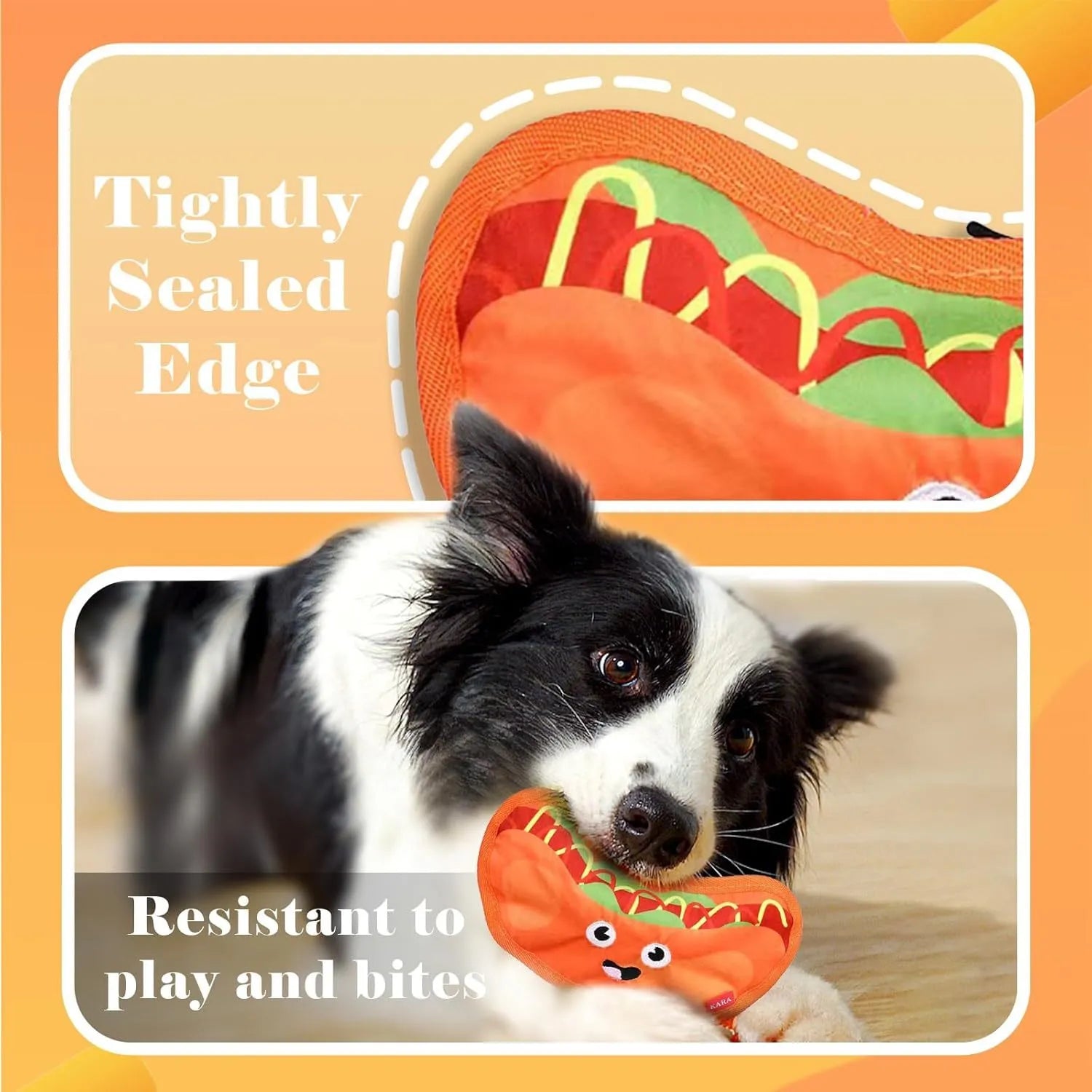 Food-shaped crinkle and squeaky dog toy in hamburger, fries, hot dog, or pizza design for interactive play.