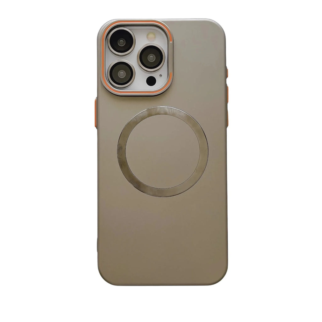 Frosted magnetic phone case with lens protector for iPhone 14 or 15 in Black, Gold, Navy, Pink