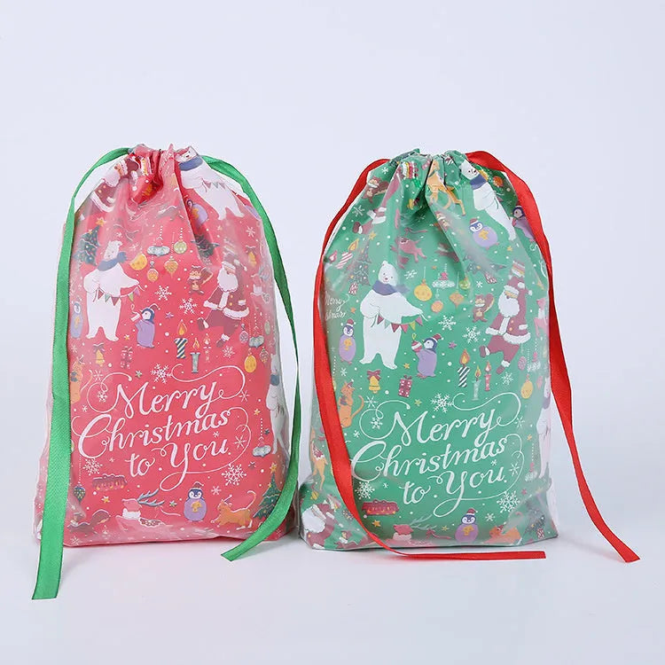 Christmas gift bag with drawstring pull string in plastic cartoon style, available in blue, bright red, green, or red