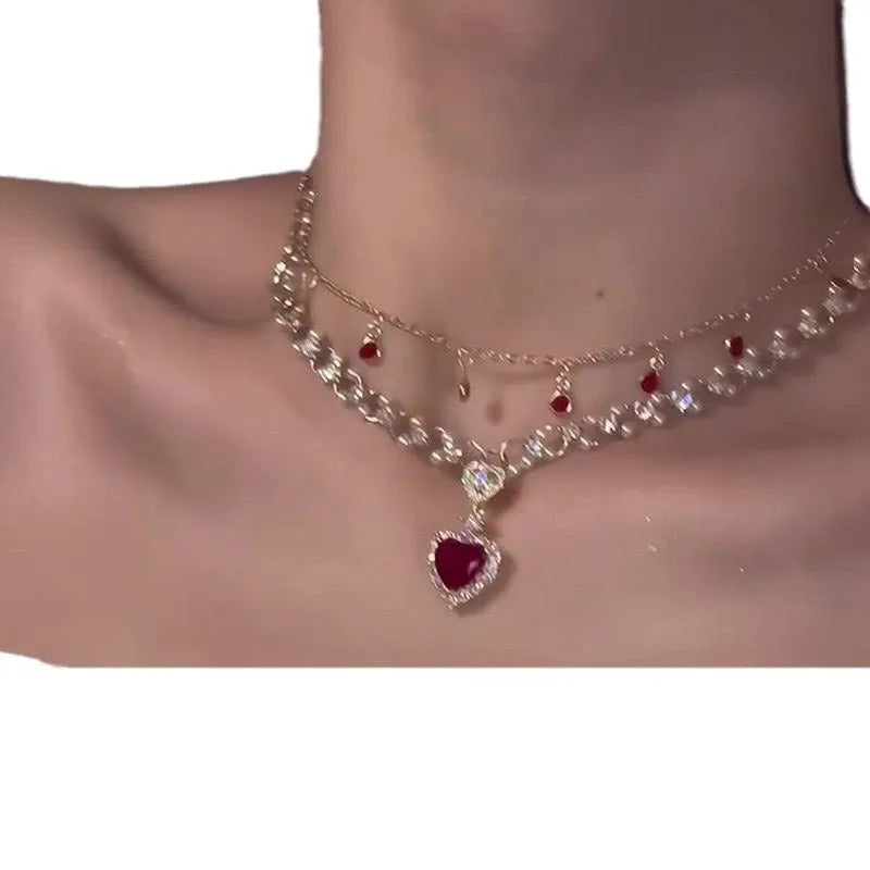 Red love heart pendant on double layer alloy necklace with adjustable chain