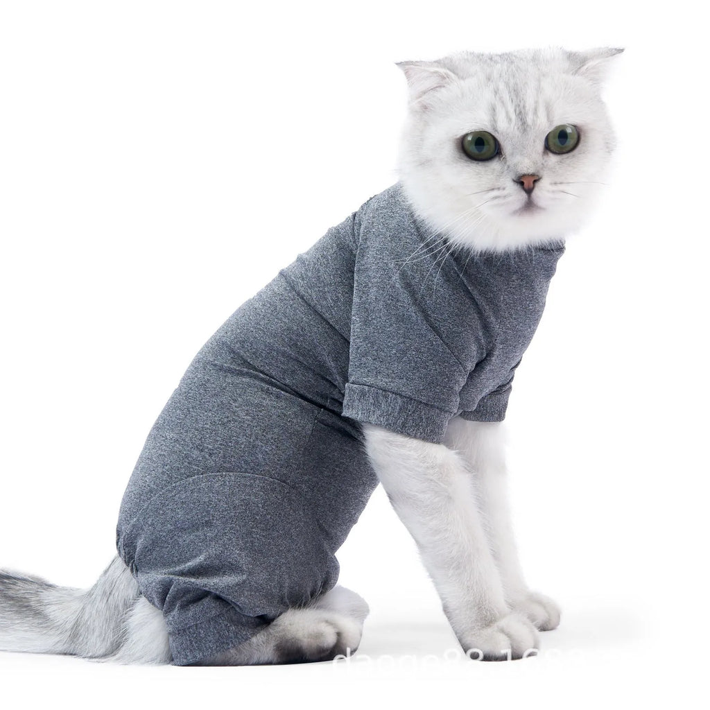 Cat neutering suit in blending gray polyester fabric for post-surgery recovery, with size options from XS to L