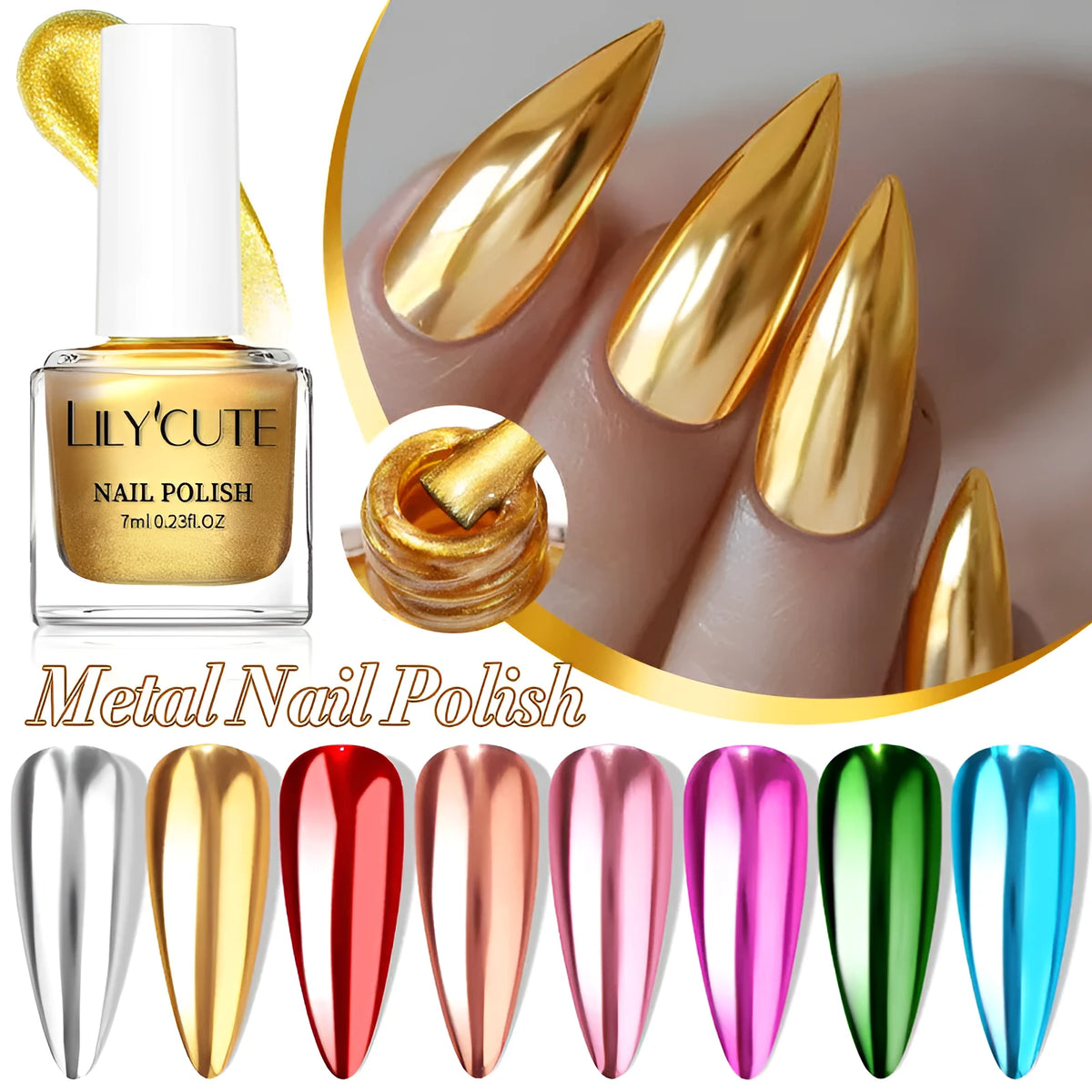 Quick-dry metallic mirror nail polish bottle with 7ml no-bake formula in 26 colour options JS01 to SF12