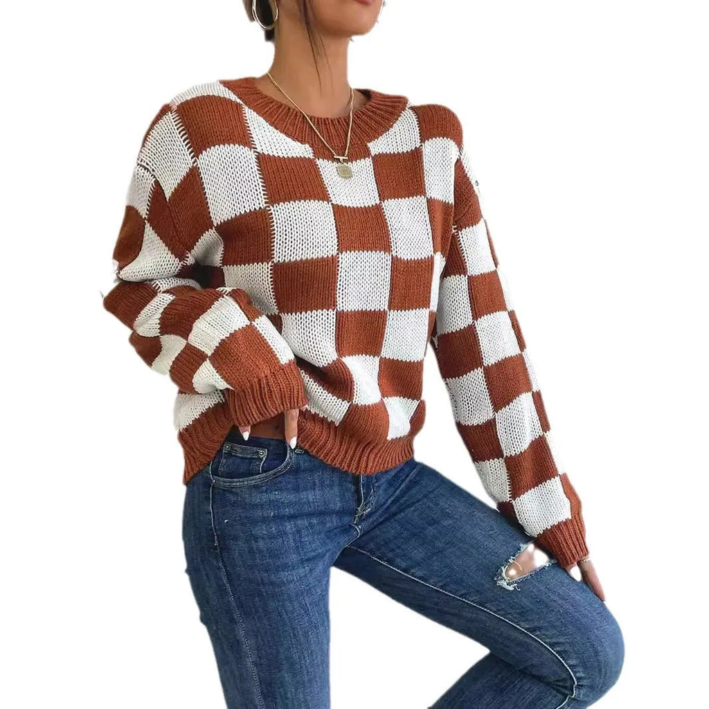 Dark brown plaid pattern acrylic pullover sweater with loose round neck and long sleeves