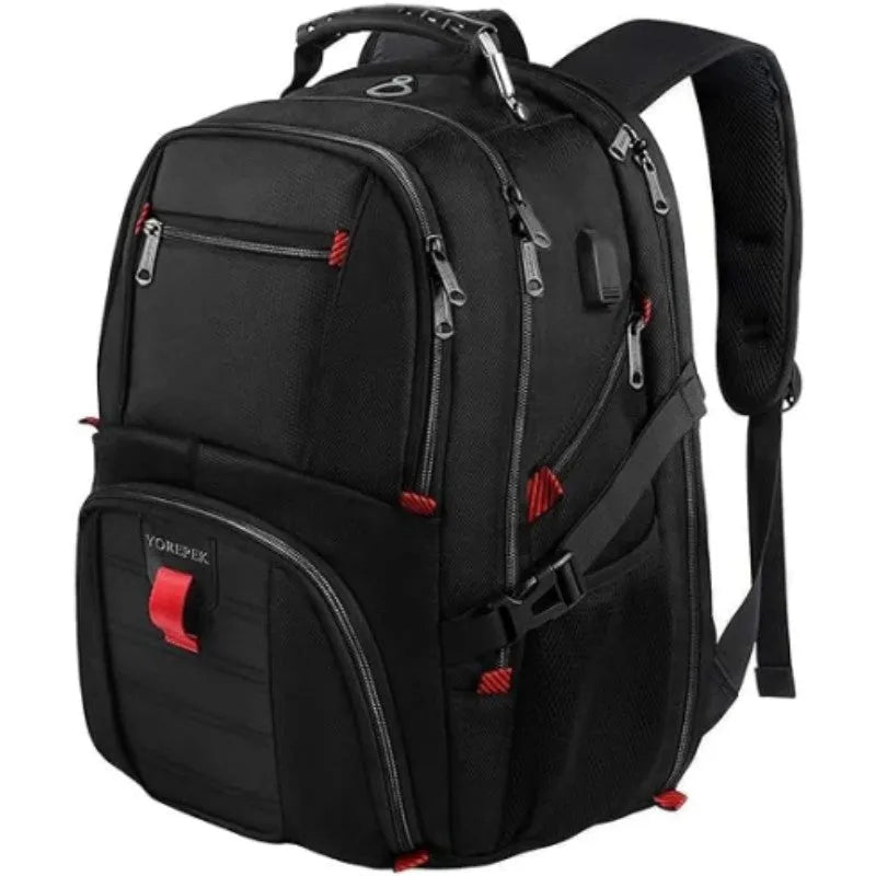 Large black USB travel backpack with curved shoulder straps shown from the side.