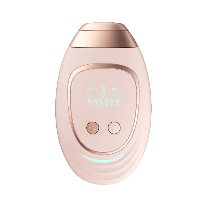 Pink and white three-in-one laser hair removal device with ice-sensing technology and shaver attachment
