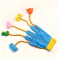 Yellow-blue plush cat toy with bell and trailer measuring 40cm by 11cm