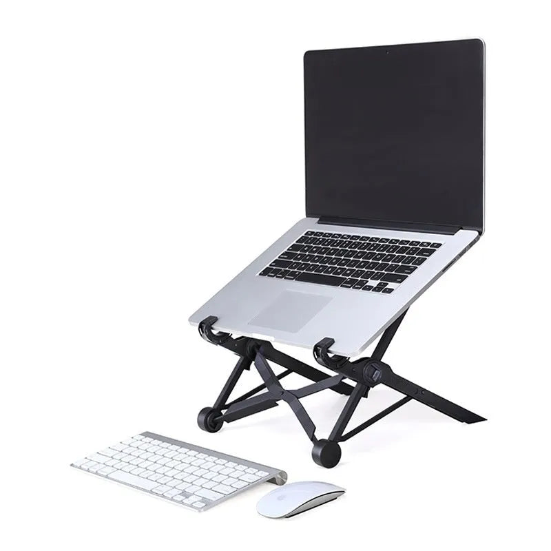 Sagacious black portable folding laptop bracket showing lifting mechanism and folded position