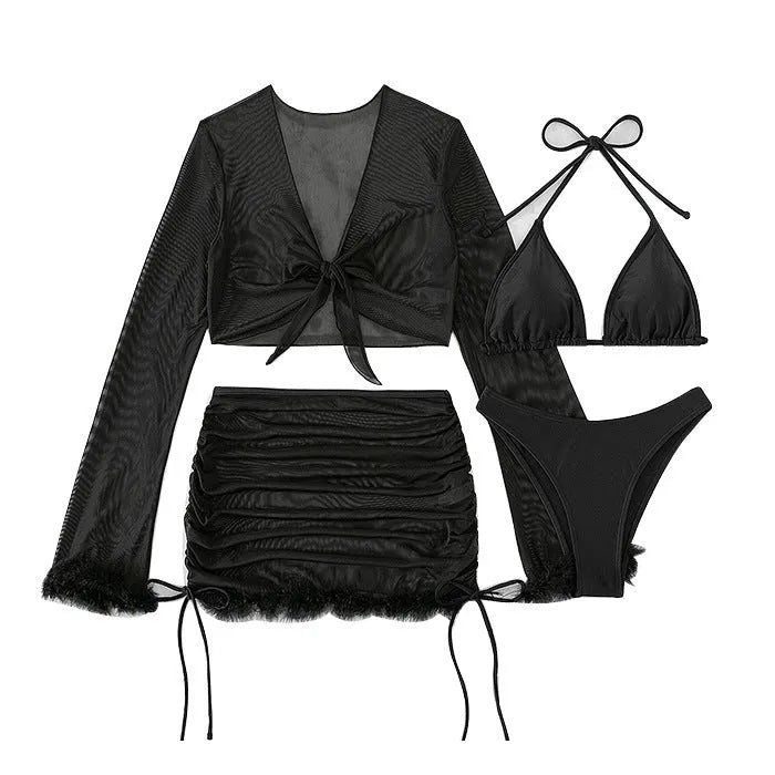 Black long sleeve women's bikini set with briefs style for swimming