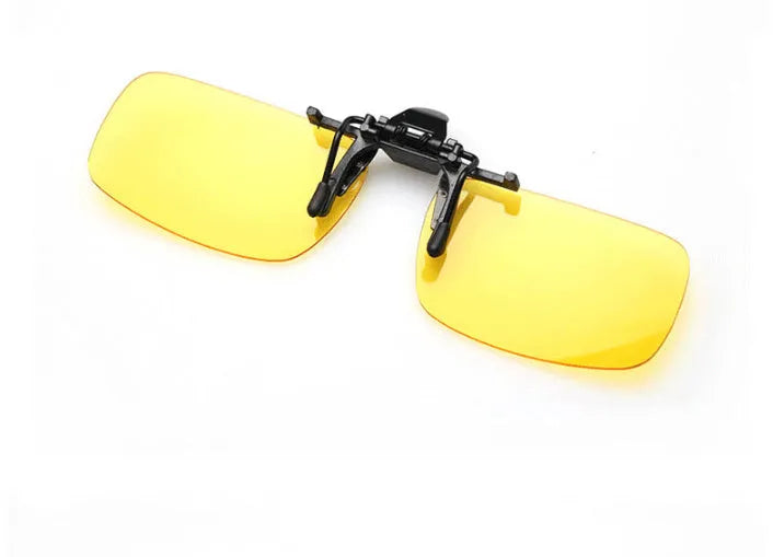 Clip-on driving sunglasses with night vision, dark green, and grey lens options in large and small PC frames.