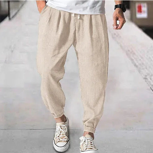 Men's casual loose cotton summer pants with ankle banded cuffs in various colours