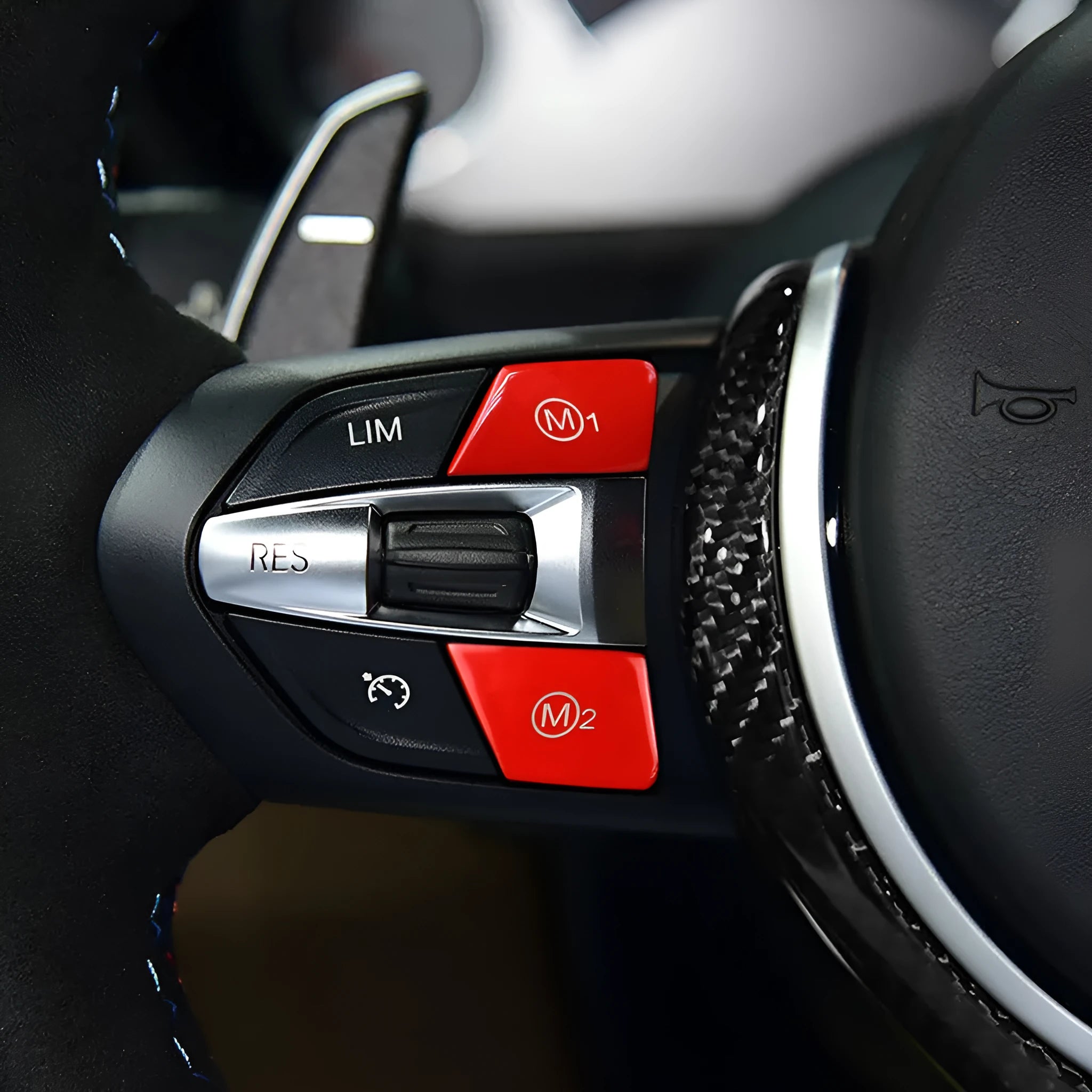 Red and blue BMW steering wheel M1 M2 mode buttons with installation keys for F30 and F34 models