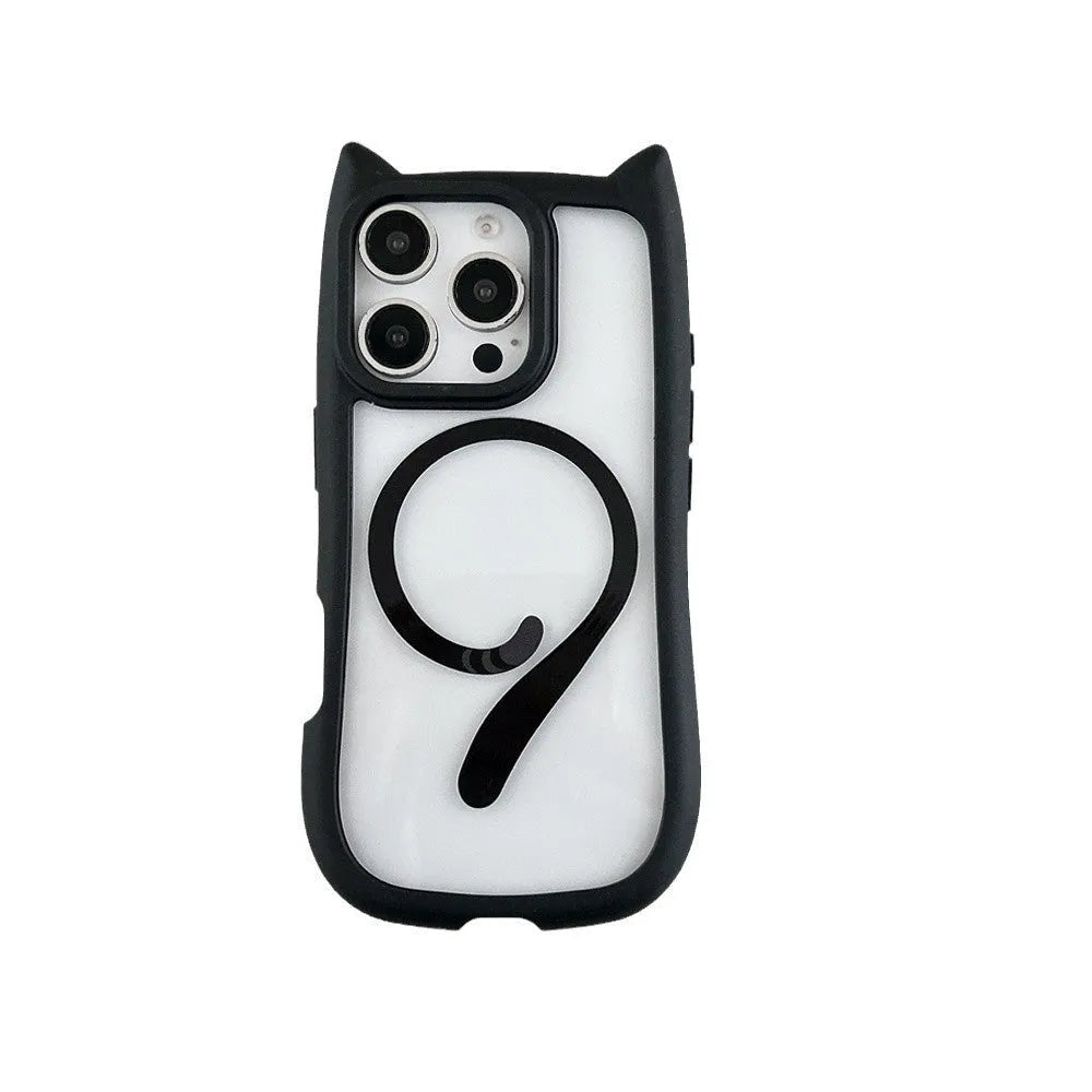 Transparent acrylic TPU phone case for IPhone 17 with magnetic suction, shown in black, blue, grey, and pink colours.