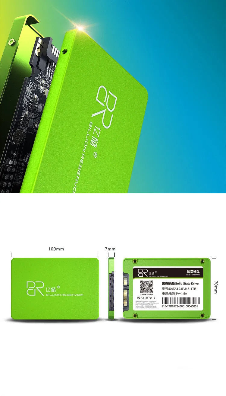 Black 2.5-inch solid state drive with SATA interface showing capacity options from 128GB to 2TB