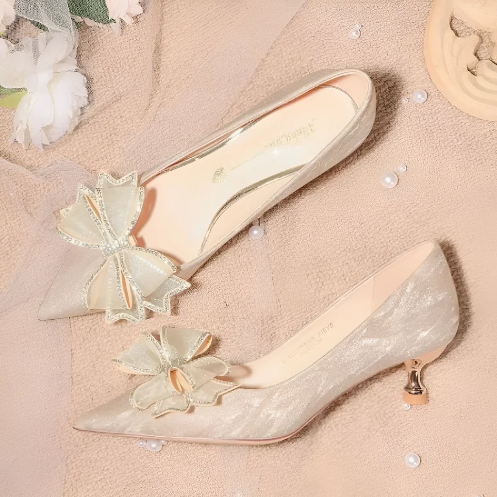 Champagne crystal sequin pointed stiletto heels with low-cut vamp for wedding banquets