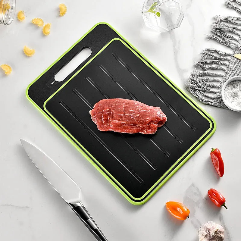 Grey square aluminium cutting board with grinding teeth and integrated knife sharpener