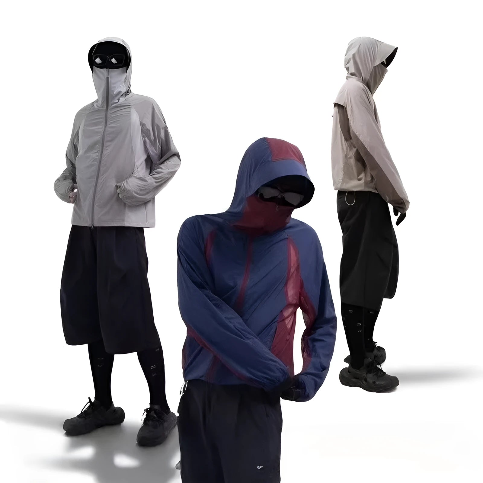 Mesh stitching thin UV protection sun protective clothes in desert brown, light grey, red, and blue colours