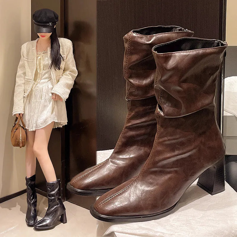 Women's wide fit high heel ankle boots with square toe, chunky heel, and back zipper in black, brown, or coffee.