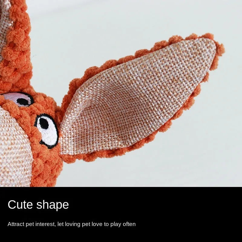 Plush dog chew toy in animal shape with squeaker for teeth cleaning and interactive play