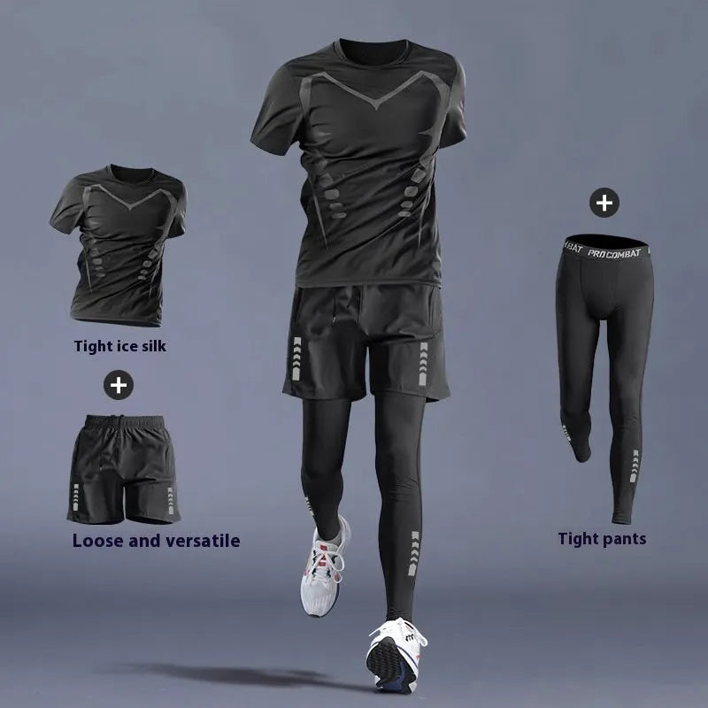 Quick-dry running gym clothes set with tight long sleeve T-shirt in chemical fibre blend, sizes M to 4XL.