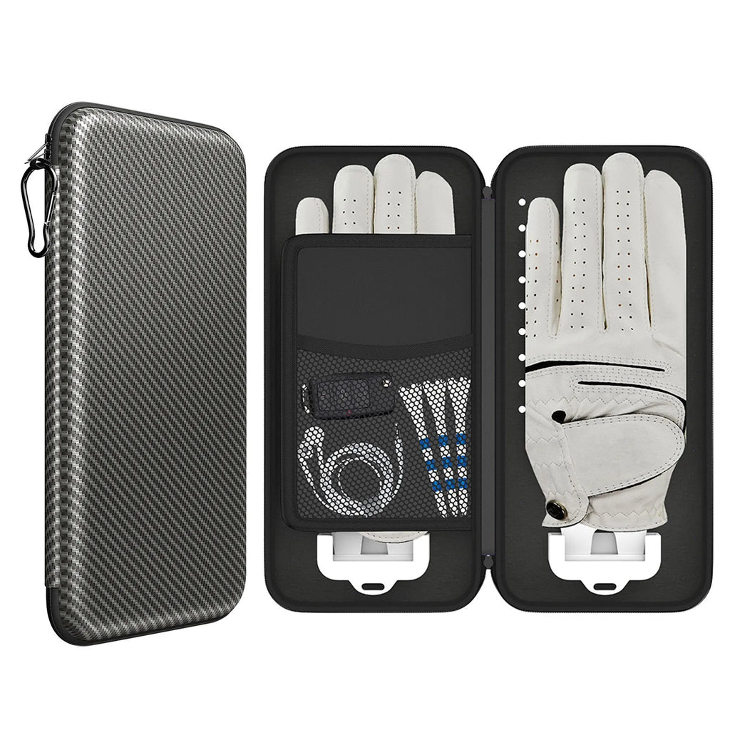 Silver grey fabric golf glove storage bag for two pairs, shown with two metal marking brackets.