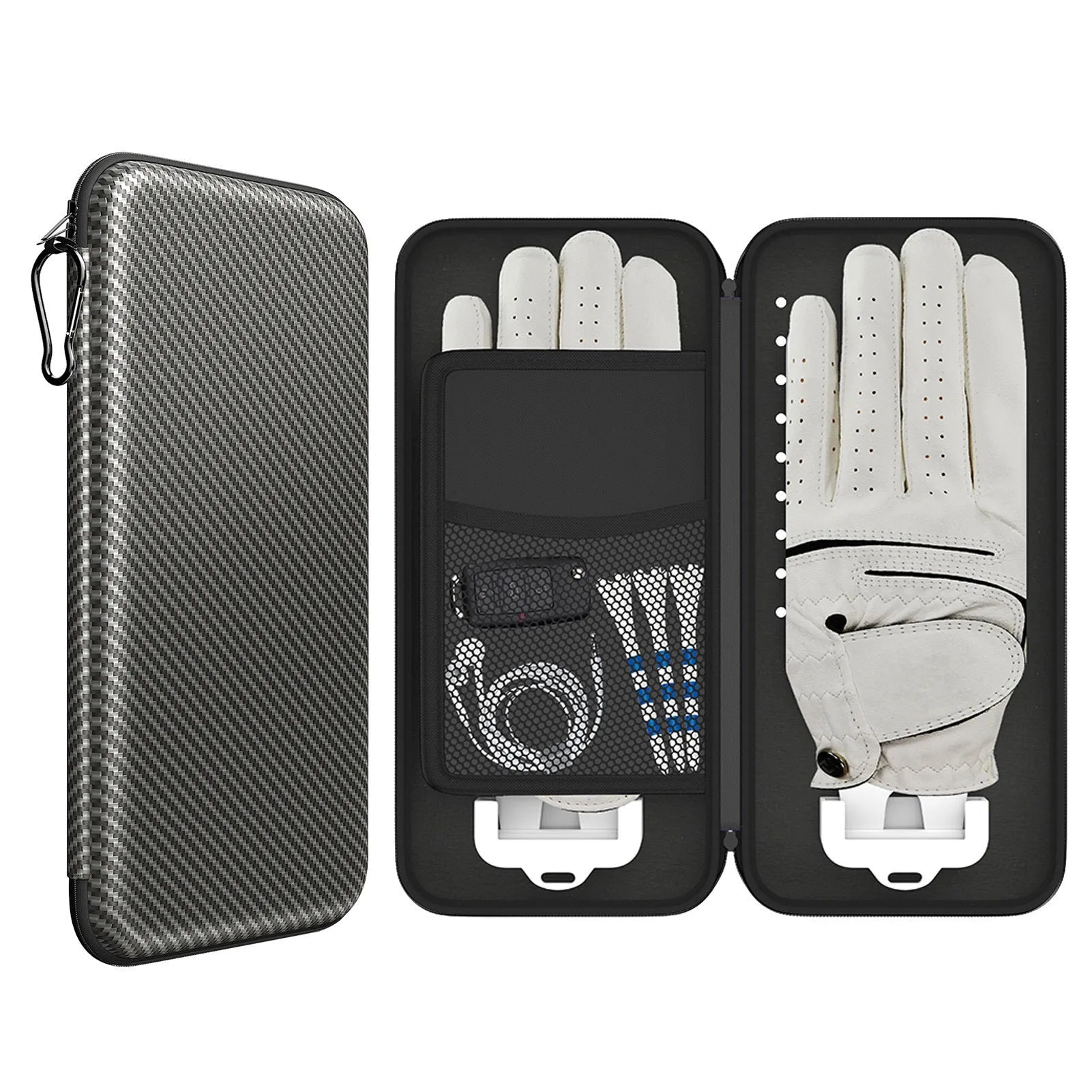 Silver grey fabric golf glove storage bag for two pairs, shown with two metal marking brackets.
