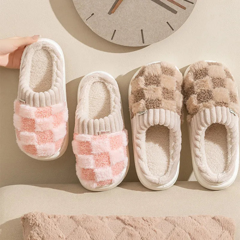 Women's plush indoor slippers with non-slip sole in coffee, green, grey, pink, or white colours