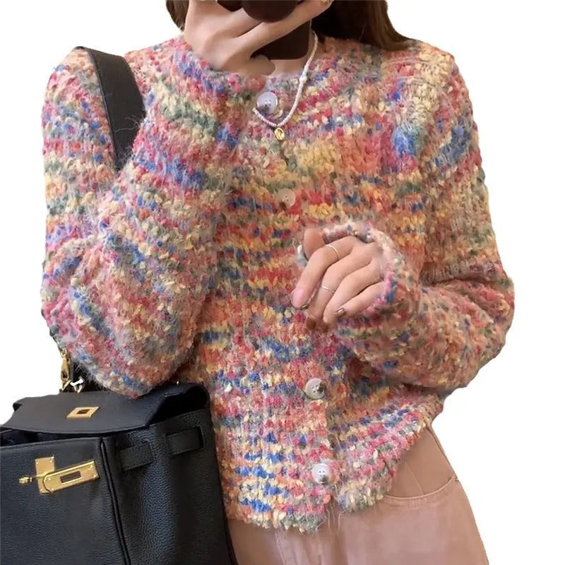 Retro style acrylic fibre knitted rainbow sweater cardigan in pink or green with regular sleeves