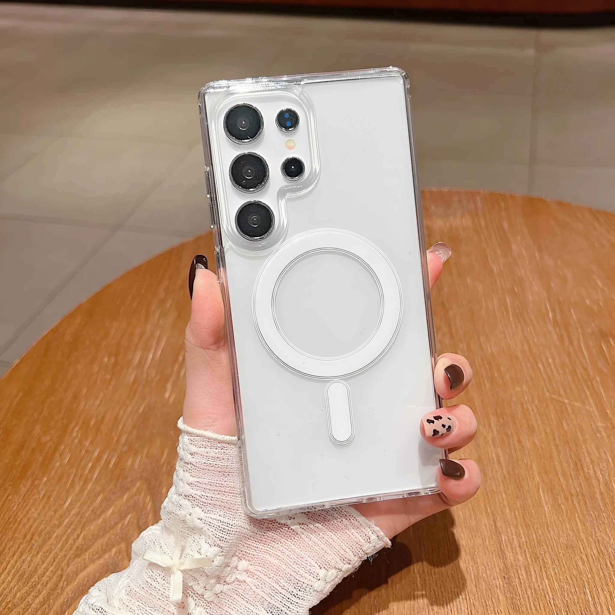 Transparent magnetic silicone phone case for Samsung Galaxy smartphones showing clear design and magnetic features