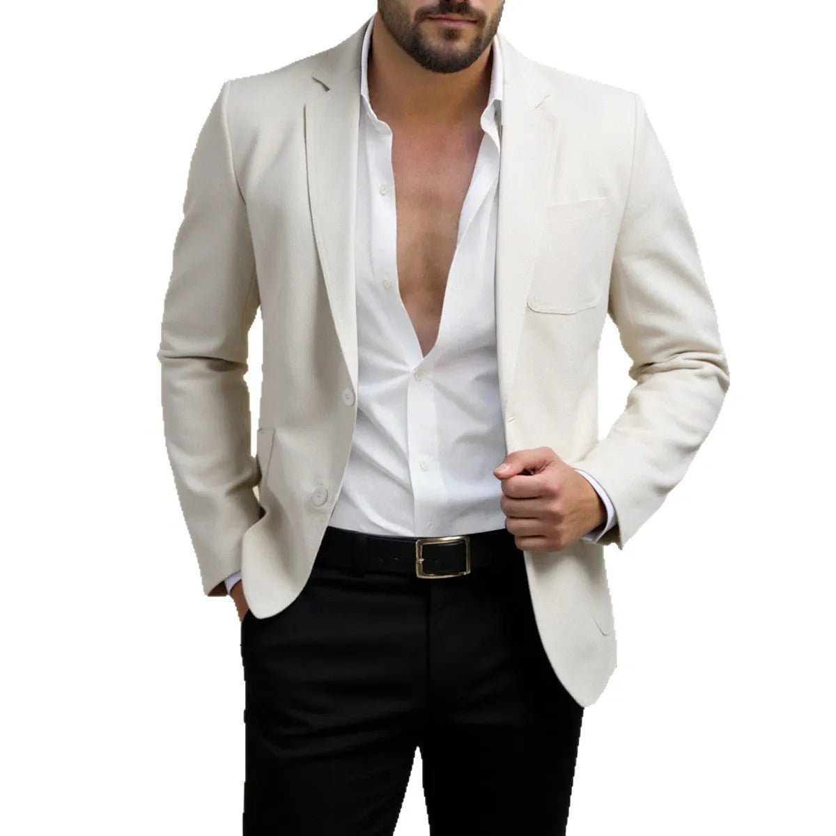 Men's Korean slim fit blazer in khaki with patch pockets and polyester lining