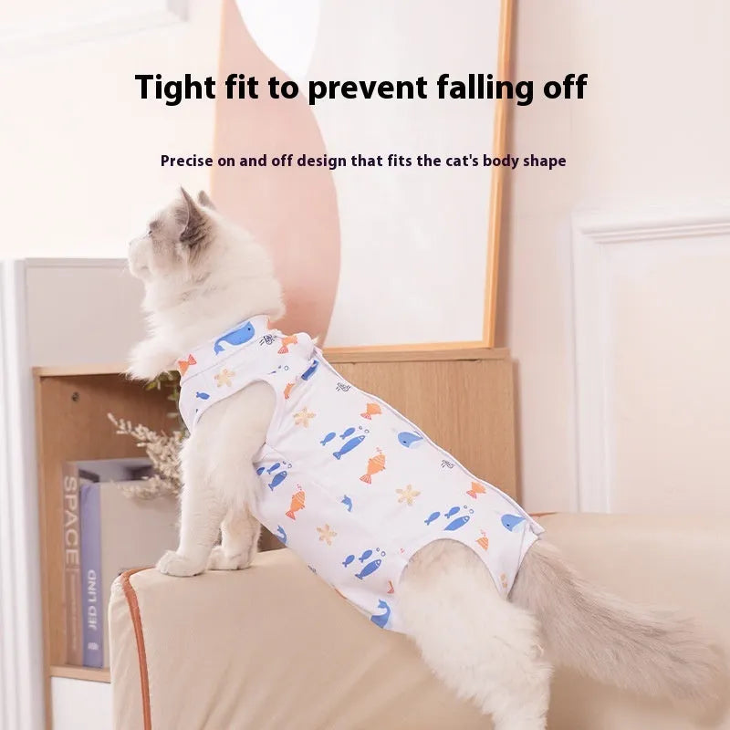 Cat wearing sterilisation recovery suit with Velcro closure in colourful print design
