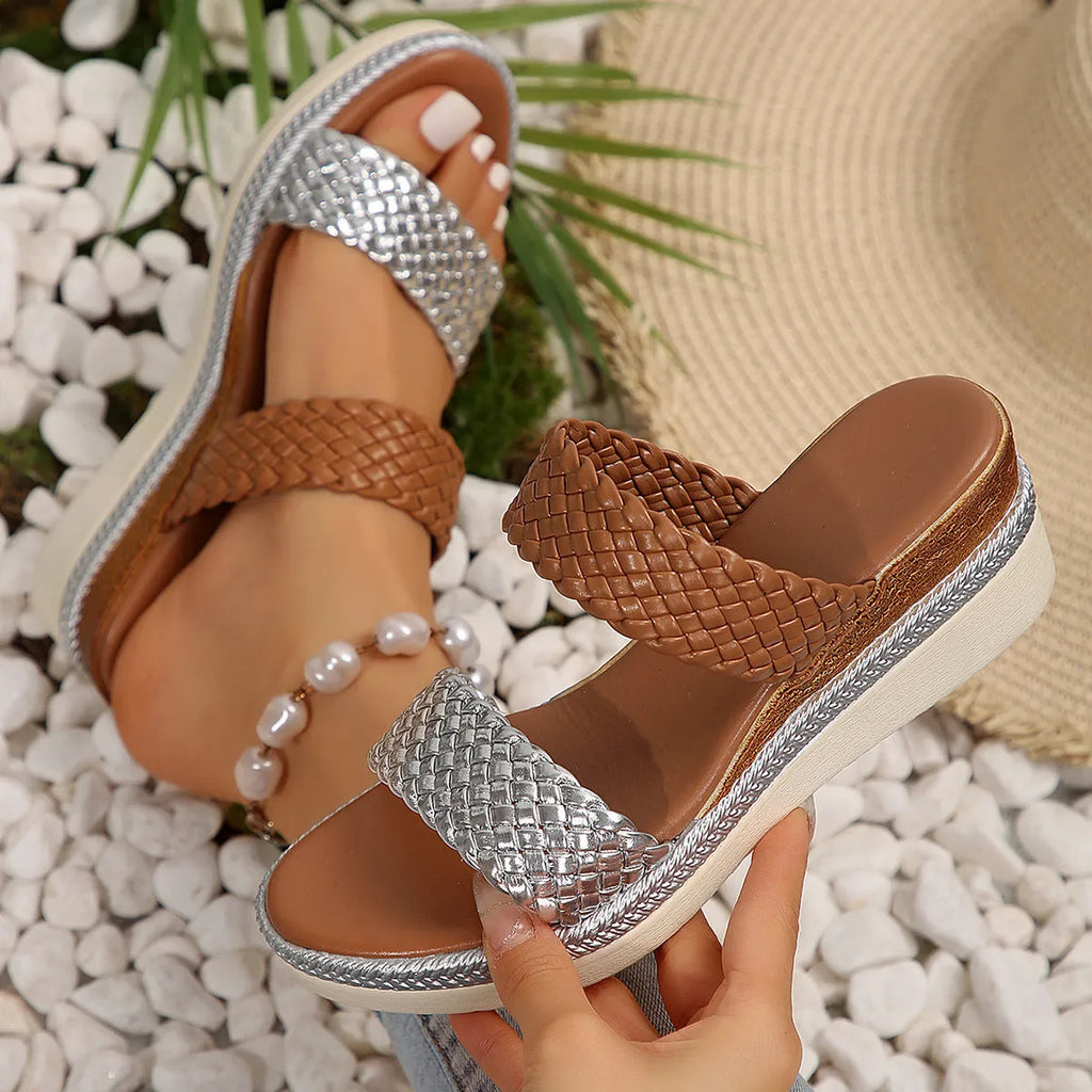 Women's plus size wedge sandals in gold and silver colours, sizes 36-43