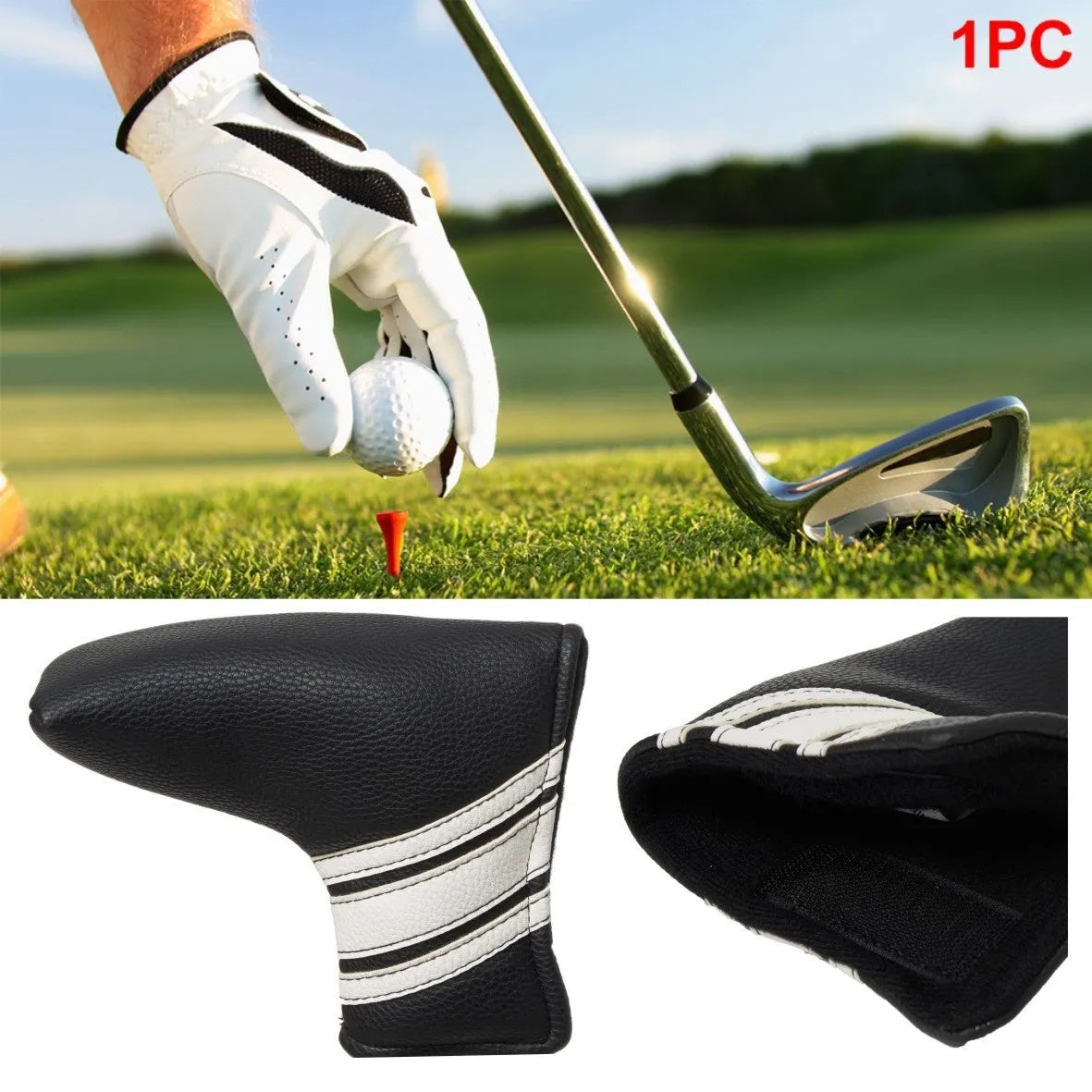 Black PU leather golf club head cover and push rod sleeve set for putter protection