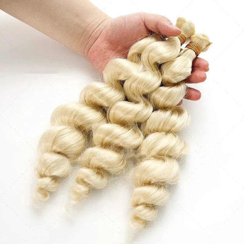 Golden blonde synthetic women's wig shown in 18, 20, and 22 inch length options