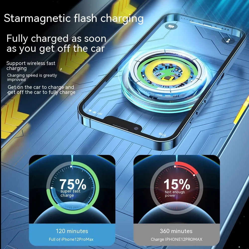 Black magnetic wireless car charger mounted on car air vent with phone attached