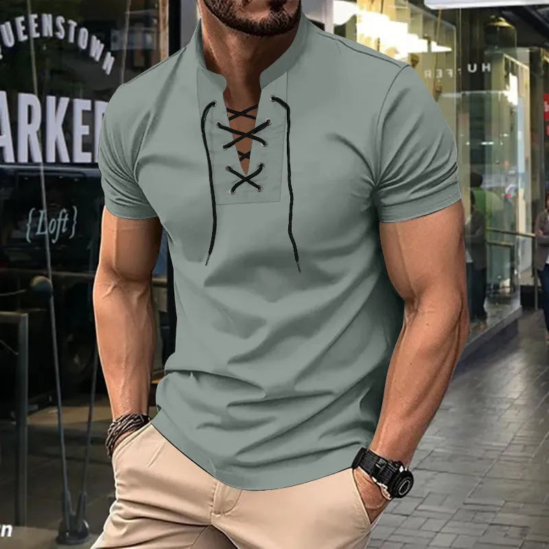 Men's loose fit V-neck V-tie short sleeve polyester T-shirt in solid colour, front view