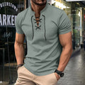 Men's loose fit V-neck V-tie short sleeve polyester T-shirt in solid colour, front view