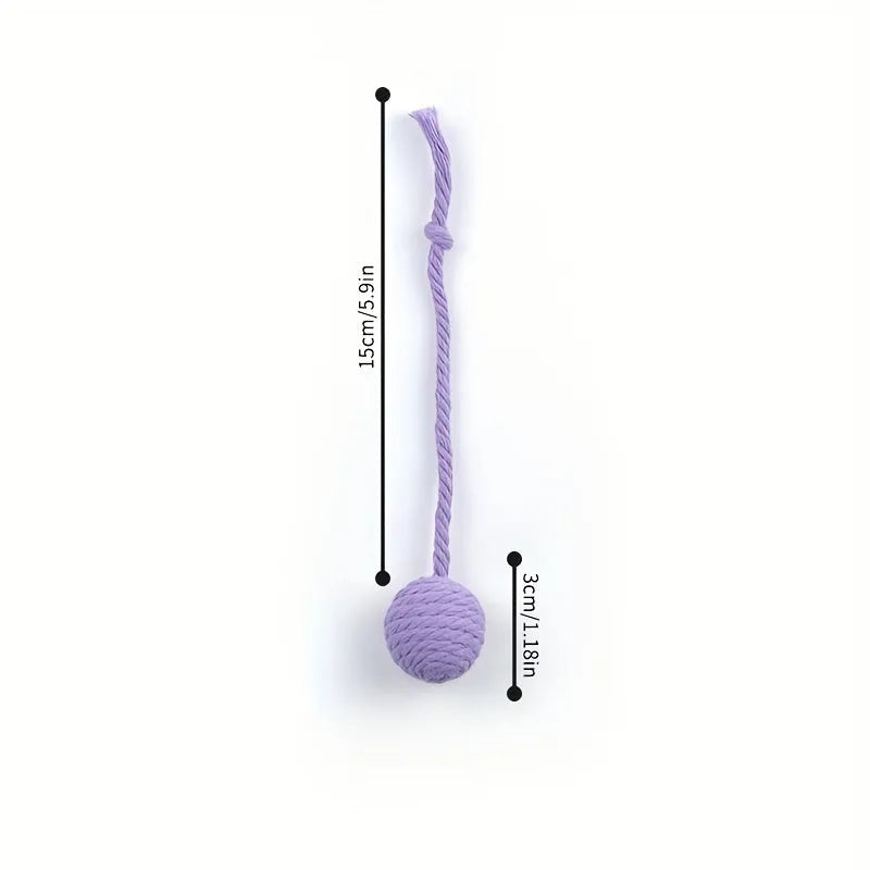 Colourful cat toy ball with attached rope, internal bell makes sound when rolled
