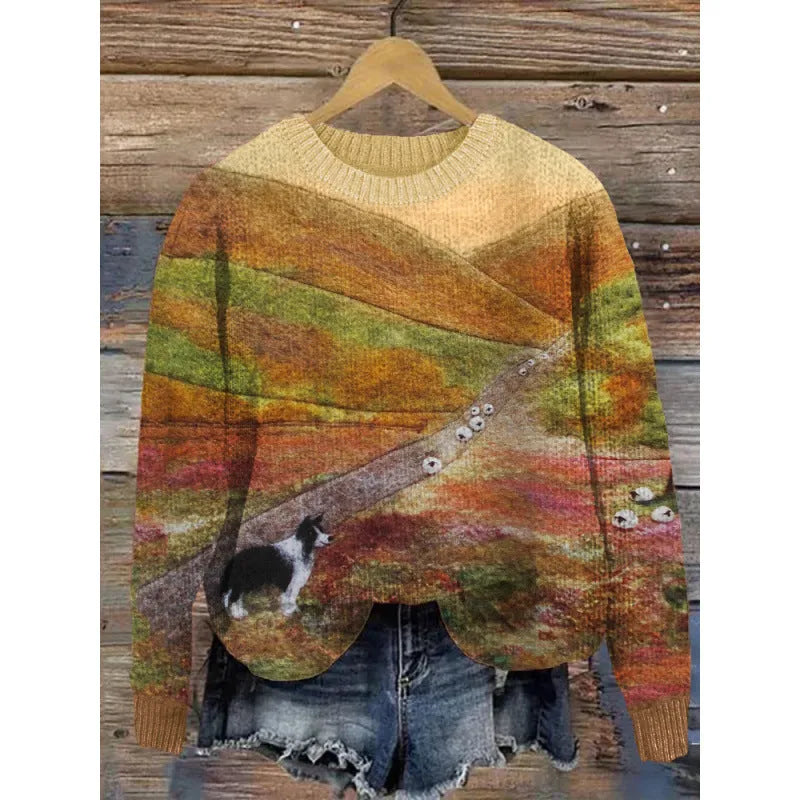 Little flower digital printed round neck polyester sweater in extended sizes S to 4XL