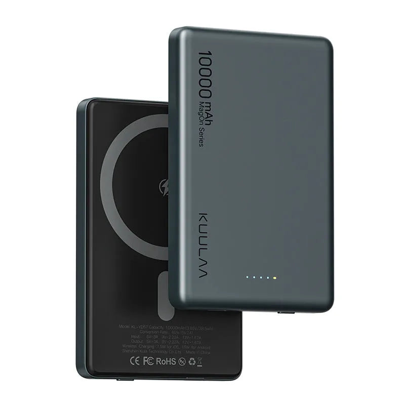 Magnetic wireless charging power bank with alloy shell, 10000mAh capacity, in four colours: dark grey, dark night purple, rose gold, dark green