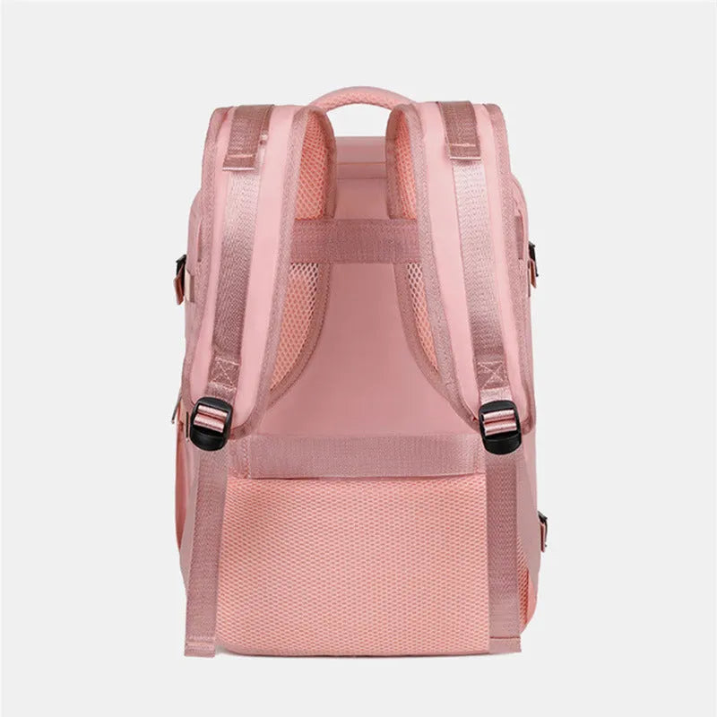 Large purple waterproof travel backpack with laptop compartment and air-cushioned shoulder straps
