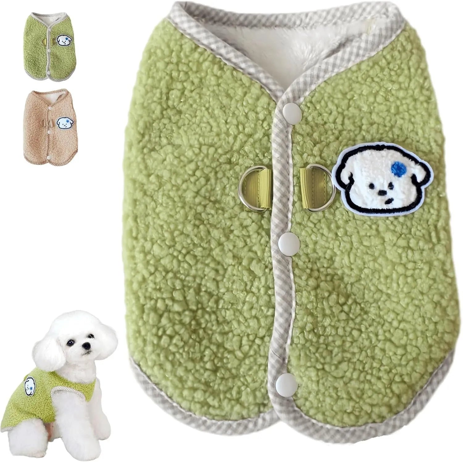 Green coral fleece dog vest with leash ring on a small dog, showing winter outfit.