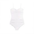 Women's black one-piece swimsuit with suspender straps and a high-waist design on a model.