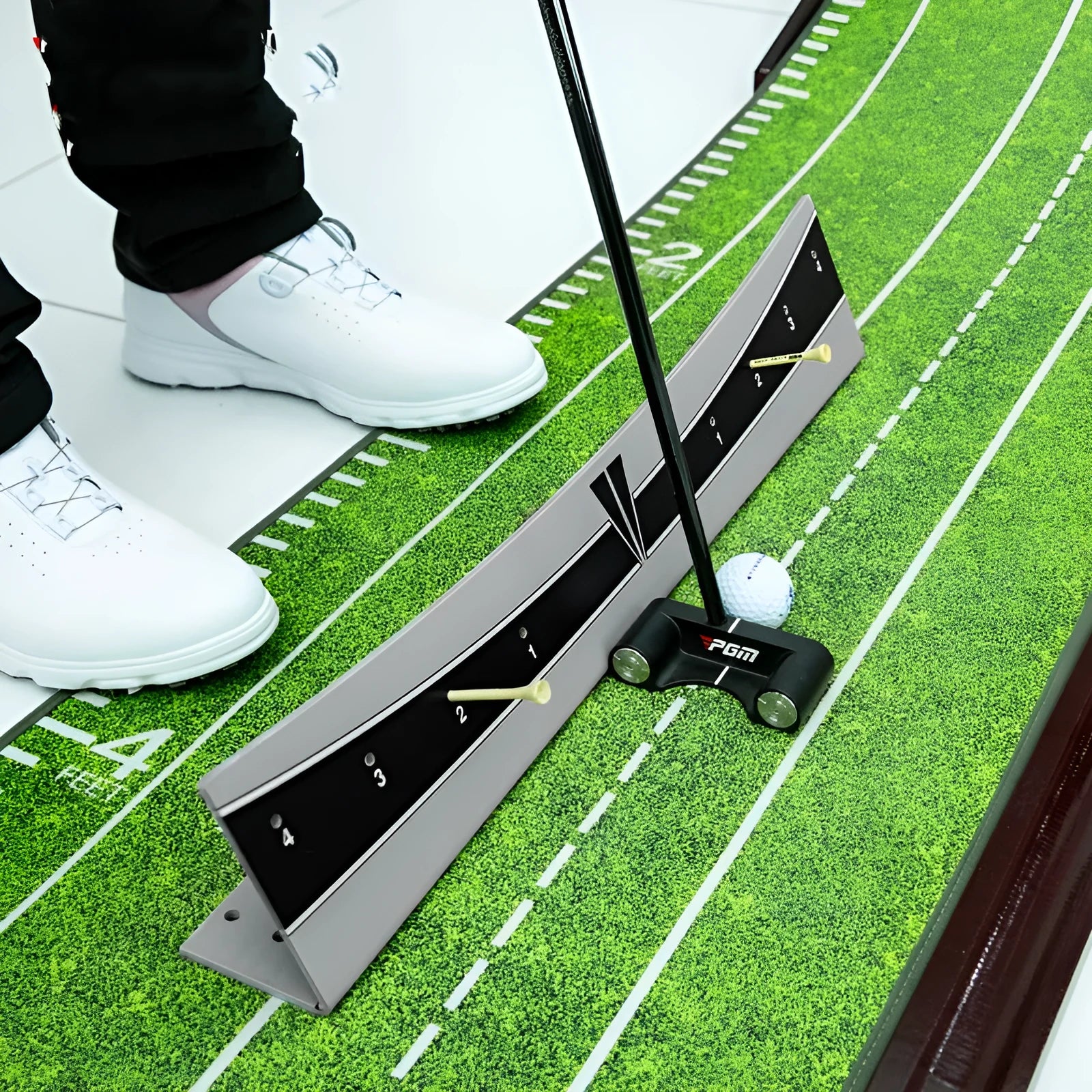 Golf putter trajectory balance simulator with adjustable push rod training aid