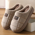 Men's plaid pattern winter slippers with thick EVA sole and artificial wool lining in grey and brown colours