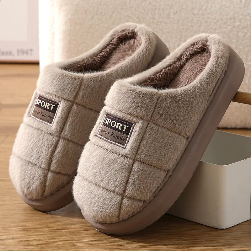 Men's plaid pattern winter slippers with thick EVA sole and artificial wool lining in grey and brown colours