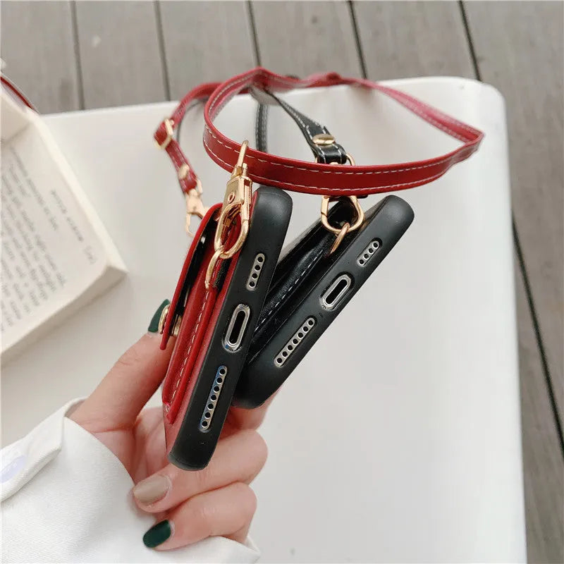 Imitation leather crossbody phone case with card holder and lanyard, embossed 3D design, in khaki, blue, red, or black.