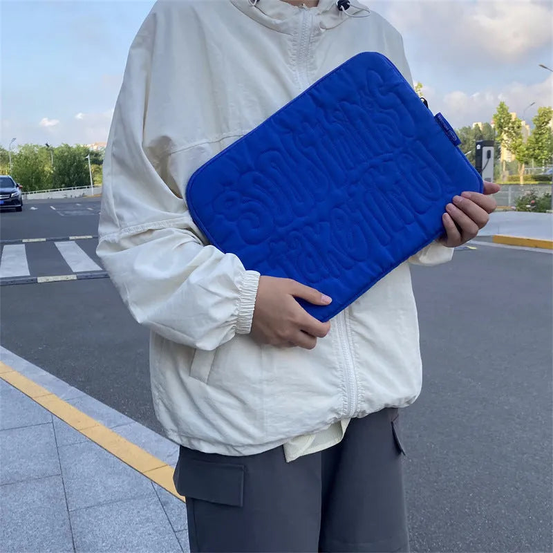 Embroidered silk laptop tablet liner bag in black, ultra-light shockproof design for 15-15.6 inch devices