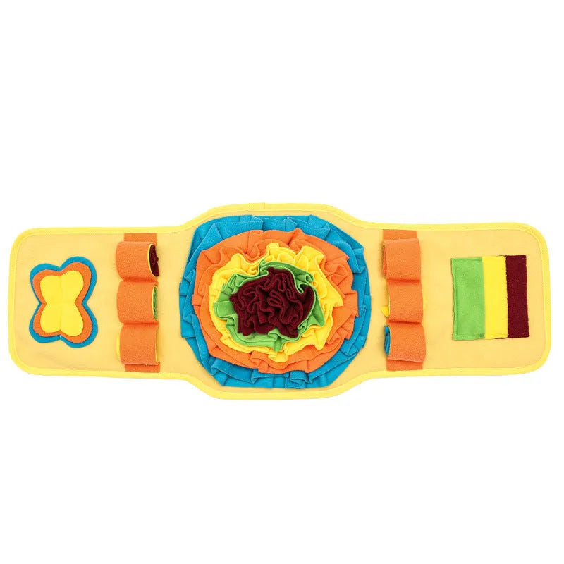 Watch-style dog training mat in blue and yellow, anti-slip base for slow feeding and nosework