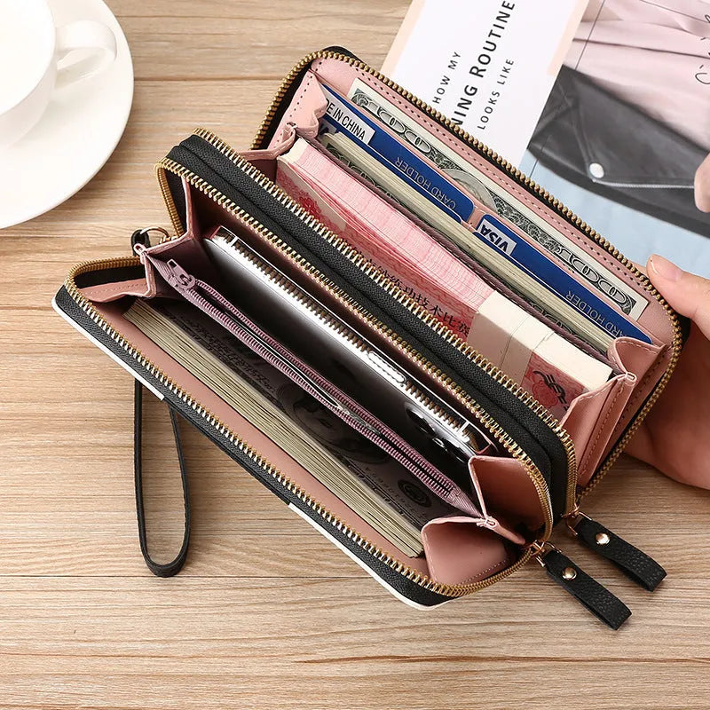 Black PU leather long wallet clutch with mobile phone compartment and zip coin purse